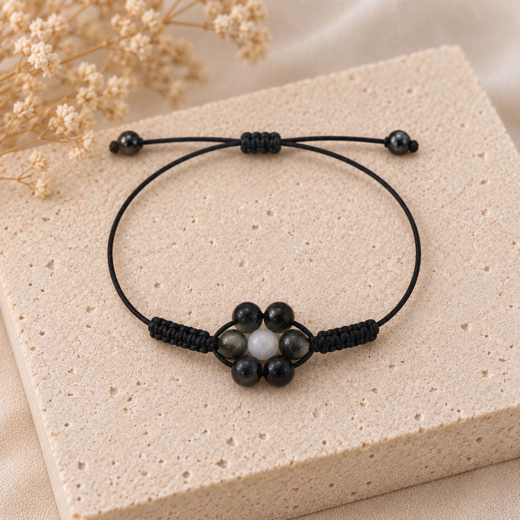 Margaux - Bracelet Sélénite & Obsidienne Dorée
