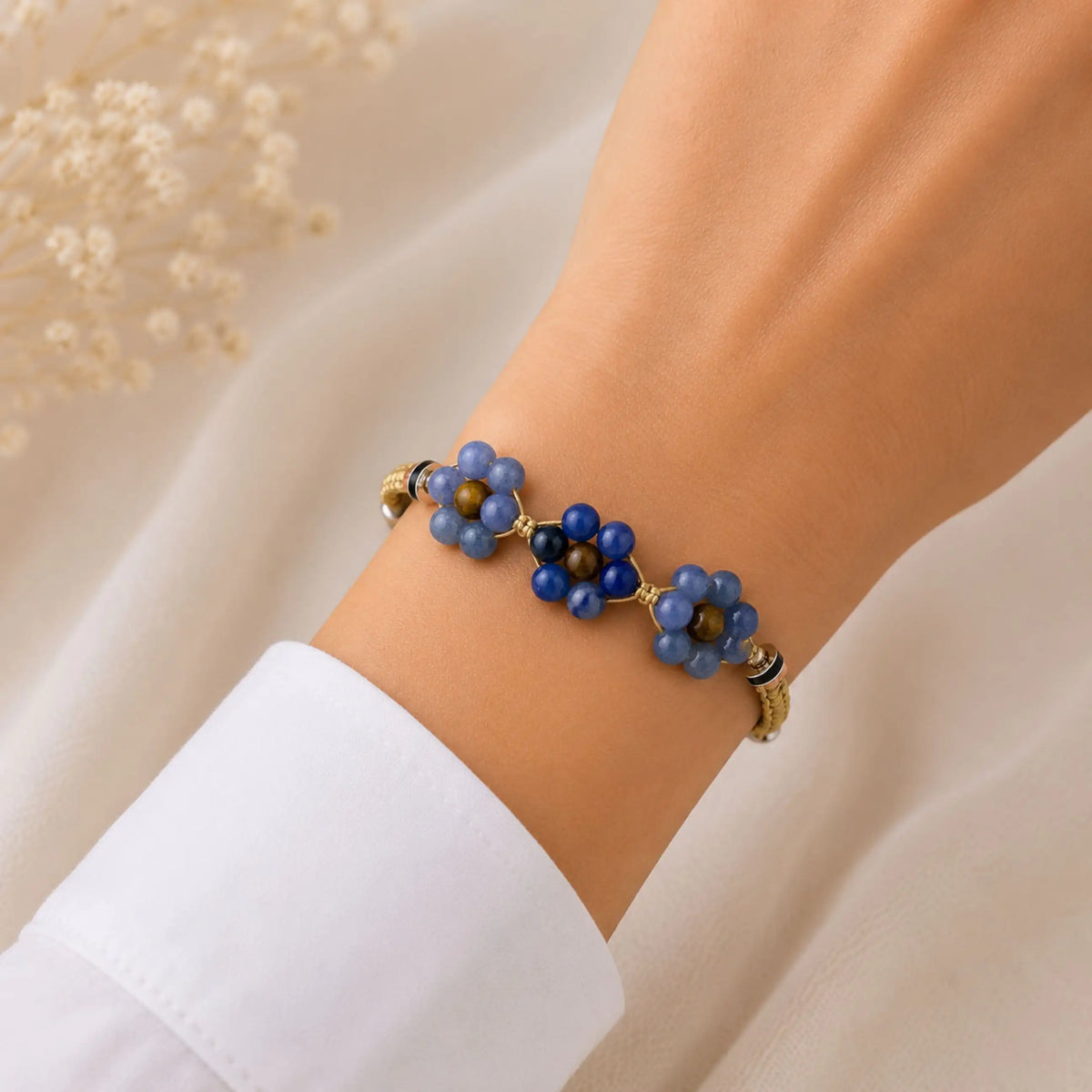 Marguerite - Bracelet fleur Aventurine Bleue & Œil du Tigre