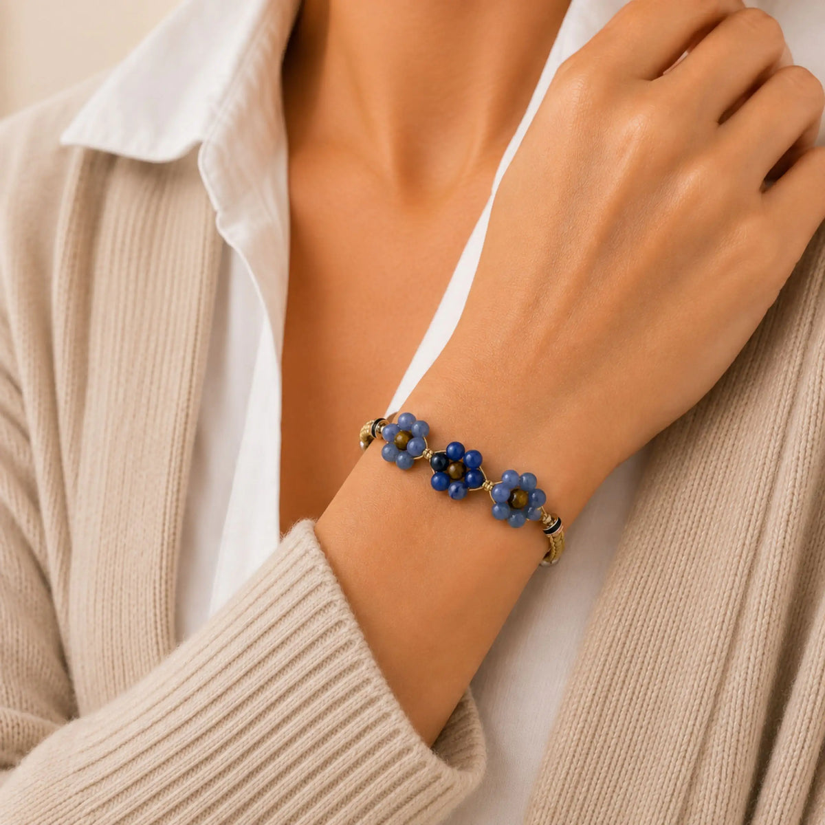 Marguerite - Bracelet fleur Aventurine Bleue & Œil du Tigre