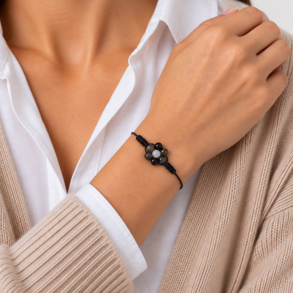 Margaux - Bracelet Sélénite & Obsidienne Dorée